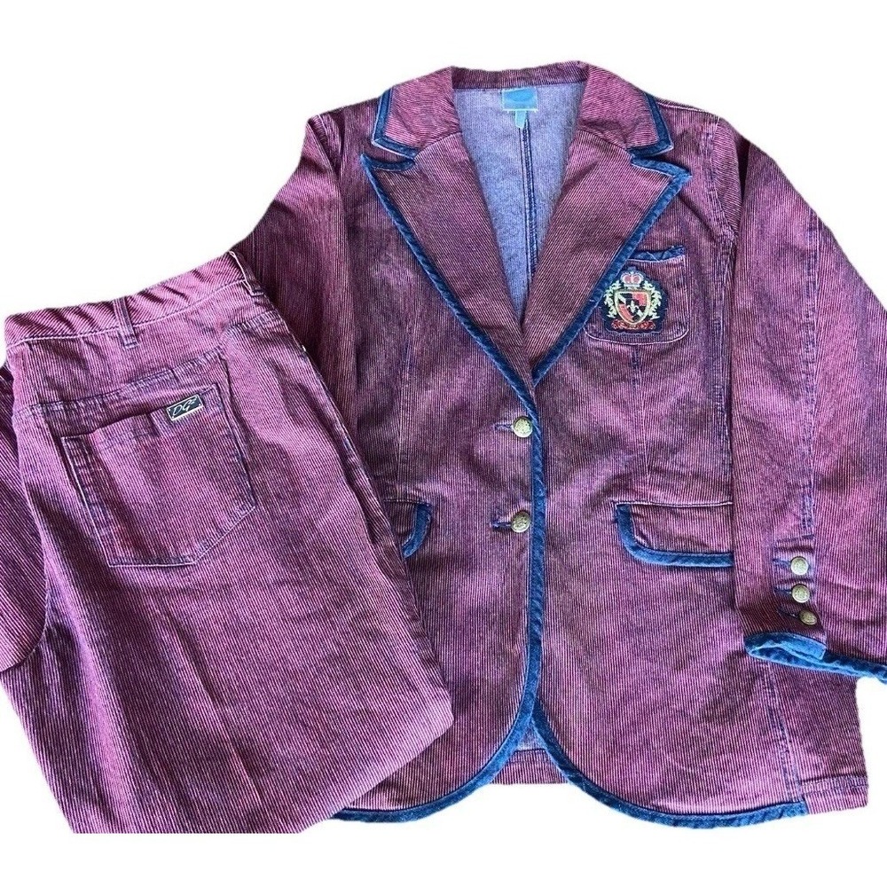 DG2 Diane Gilman Corduroy Blazer Pants Suit Set Crest Preppy Red Blue 1X 18W